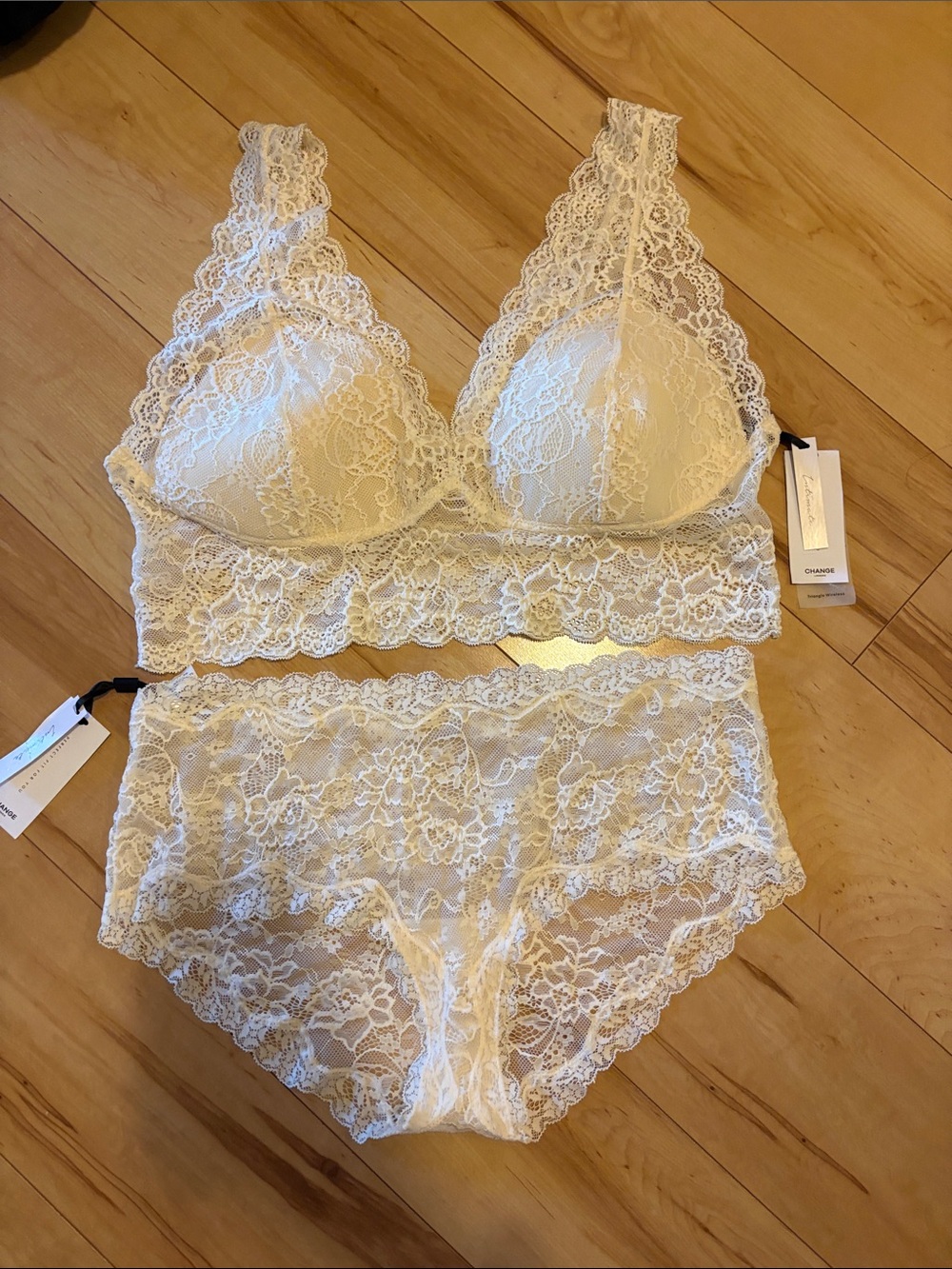 Cream Lace Bralette and High-Waist Lace Brief Set